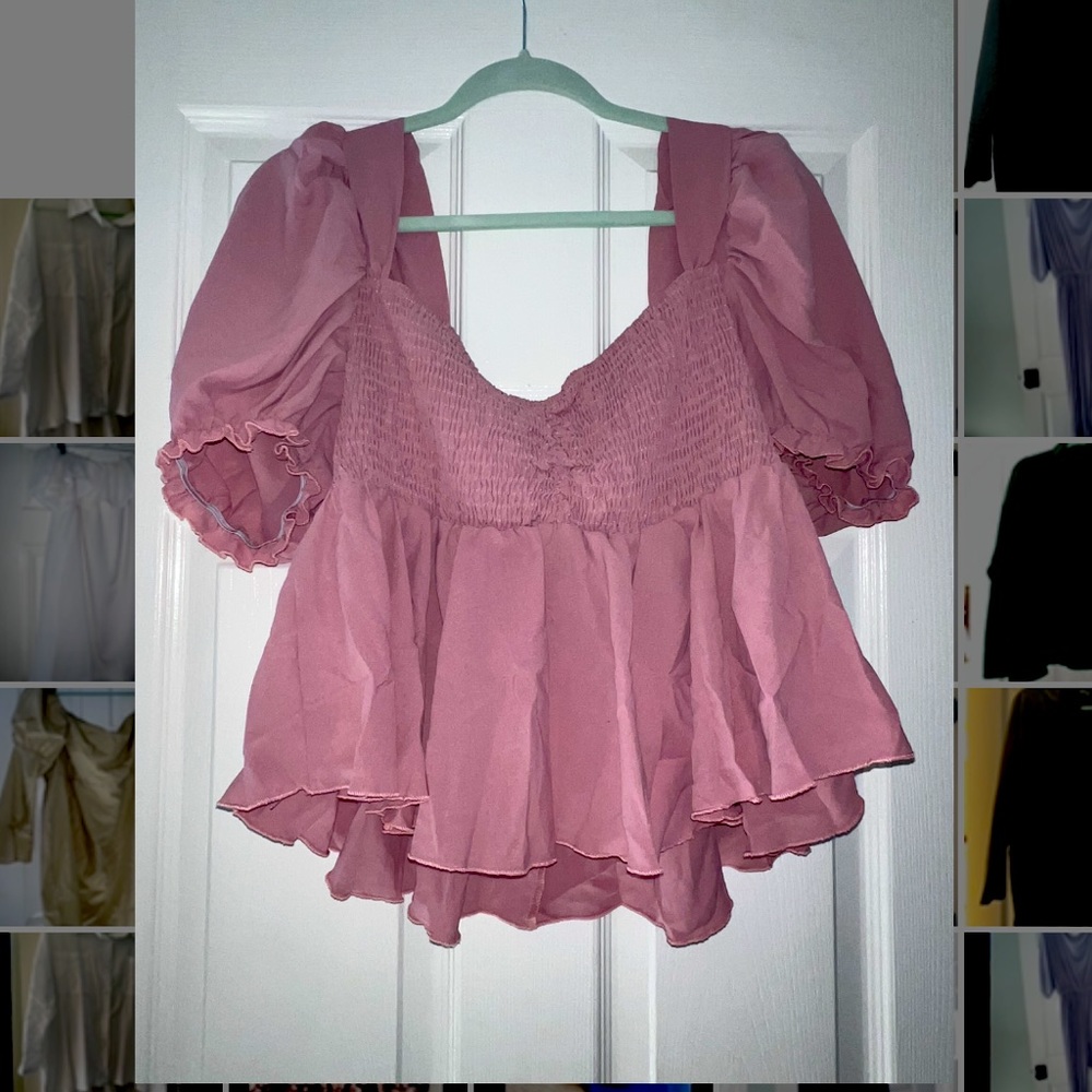 Pink ruched top with puff sleeve